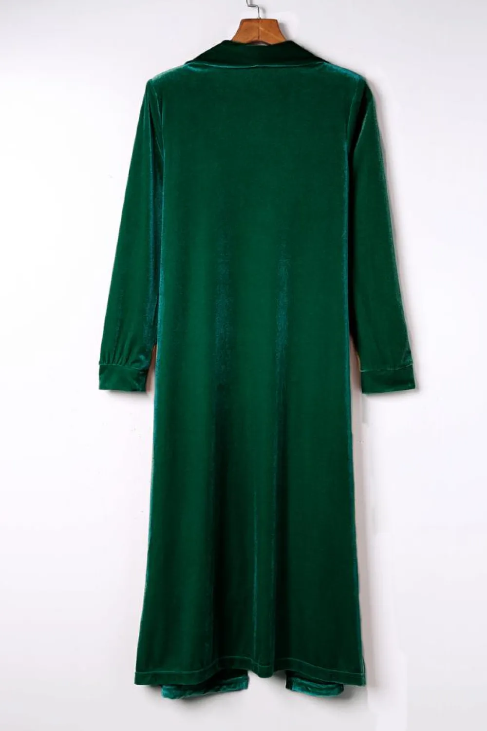 Clearance Dear-Lover Velvet Open Front Pocketed Long Duster Green