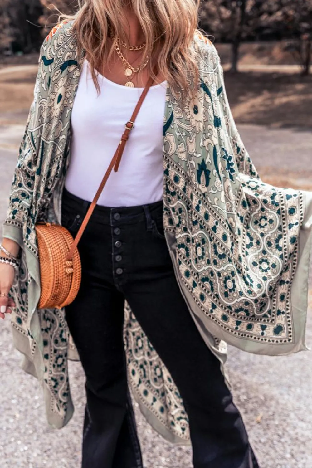 Best Dear-Lover Vintage Floral Print Long Split Open Front Kimono Green