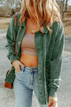 Outlet Dear-Lover Vintage Washed Flap Pocket Button Shacket Green