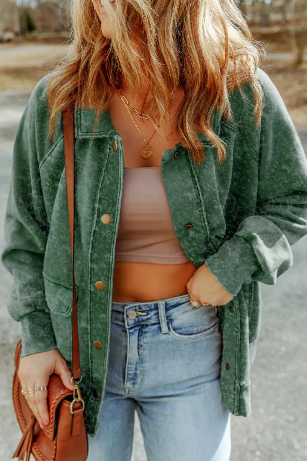 Outlet Dear-Lover Vintage Washed Flap Pocket Button Shacket Green