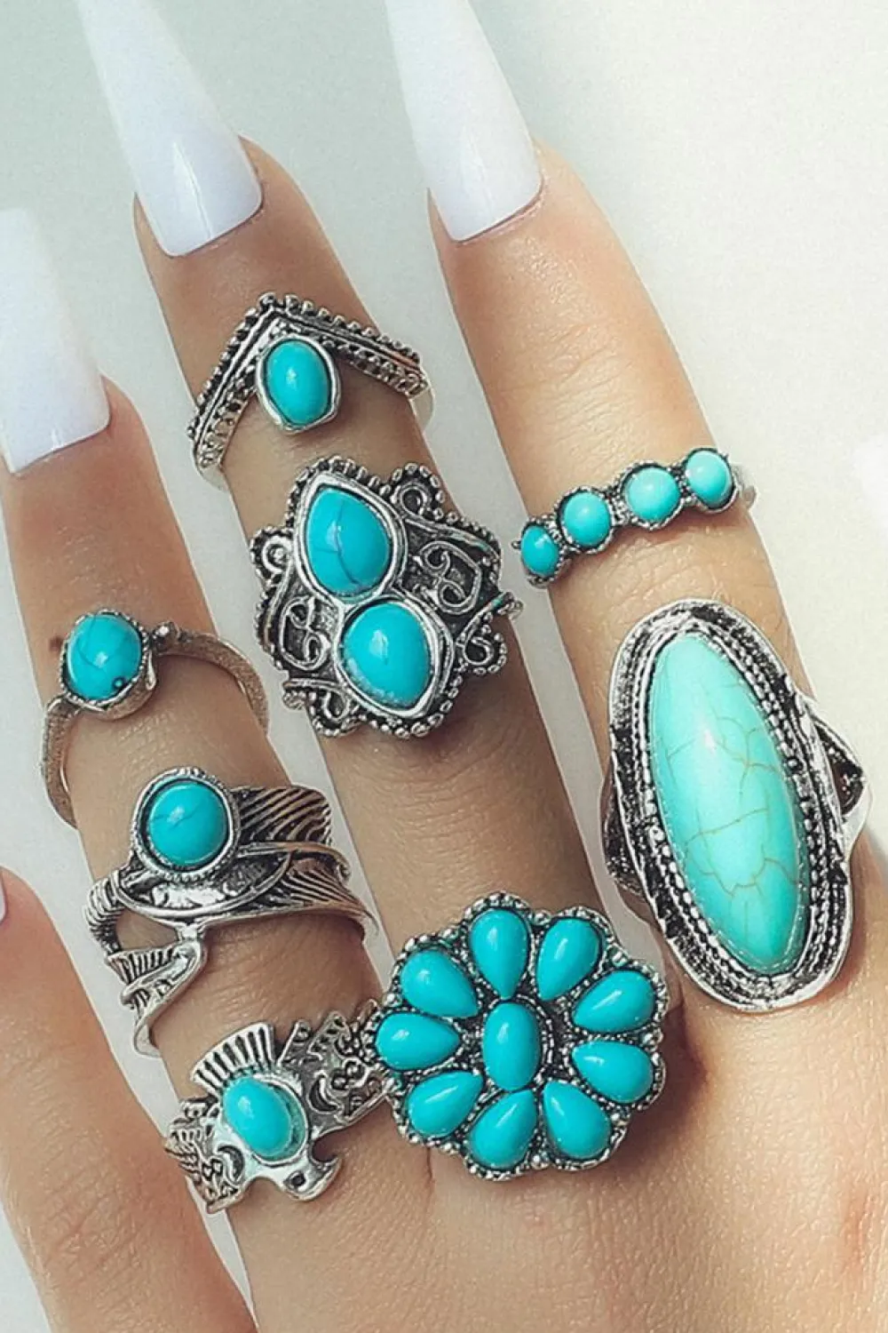 Fashion Dear-Lover Vintage Western Turquoise 8-piece Ring Set Green