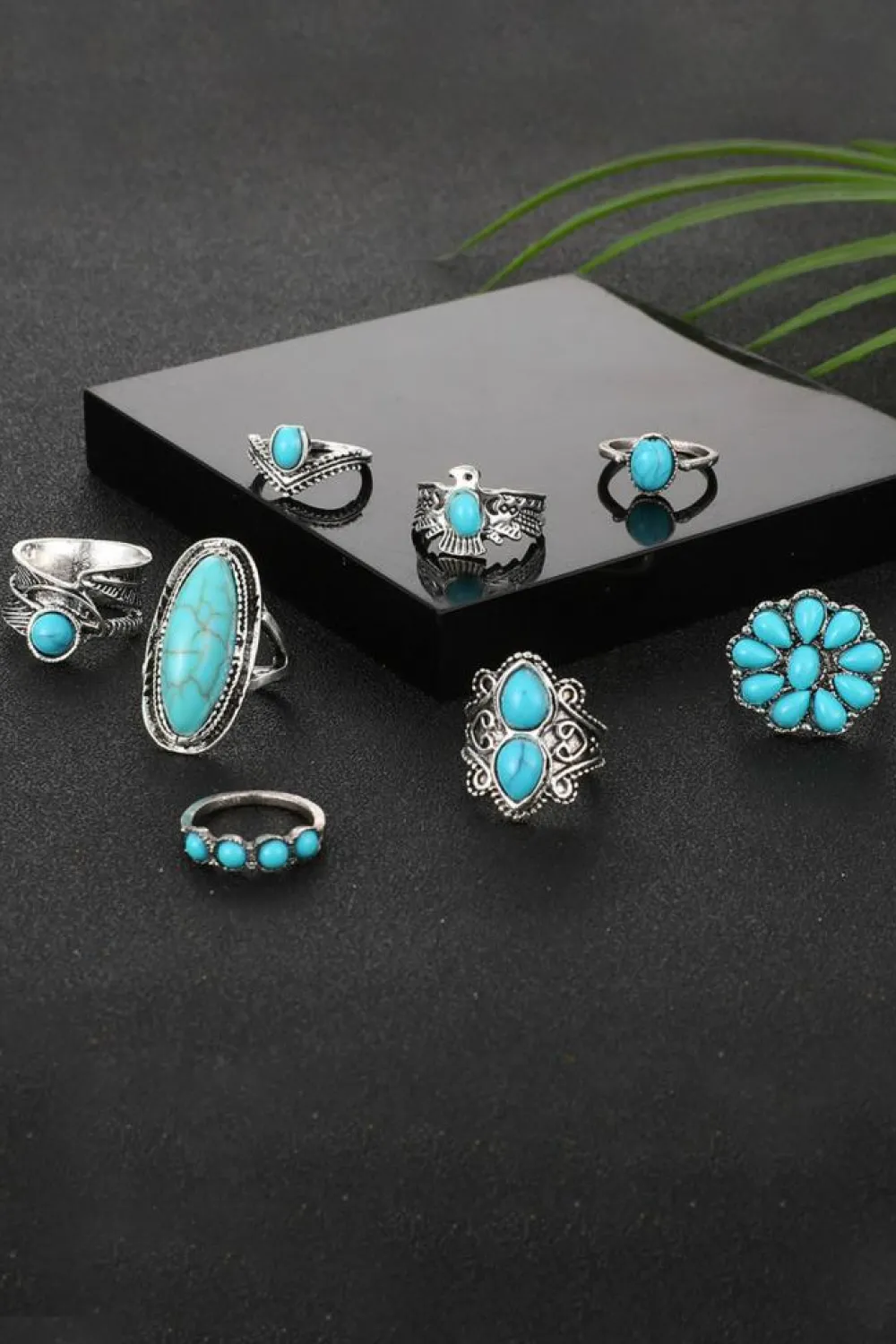Fashion Dear-Lover Vintage Western Turquoise 8-piece Ring Set Green
