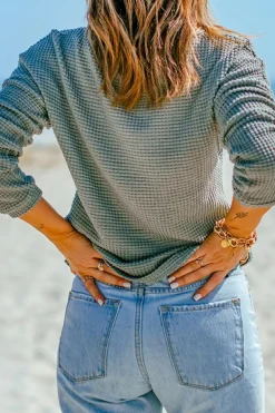 Online Dear-Lover Waffle Knit Drop Shoulder Long Sleeve Top Green