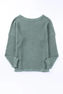 Online Dear-Lover Waffle Knit Drop Shoulder Long Sleeve Top Green