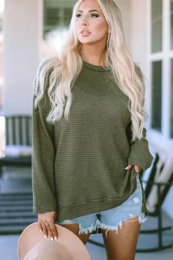 Clearance Dear-Lover Waffle Knit High Slits Oversized Top Green