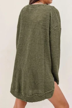 Clearance Dear-Lover Waffle Knit High Slits Oversized Top Green