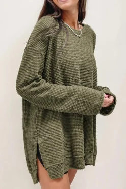 Clearance Dear-Lover Waffle Knit High Slits Oversized Top Green