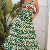 Clearance Dear-Lover Western Aztec Shirred A-line Sleeveless Maxi Dress Green