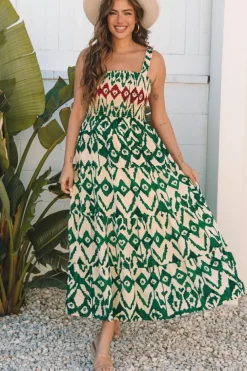 Clearance Dear-Lover Western Aztec Shirred A-line Sleeveless Maxi Dress Green
