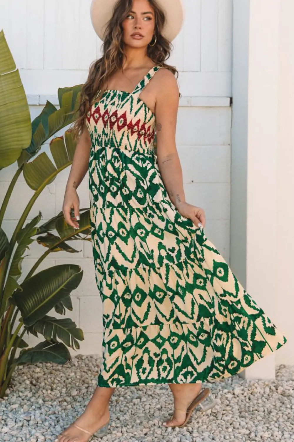 Clearance Dear-Lover Western Aztec Shirred A-line Sleeveless Maxi Dress Green