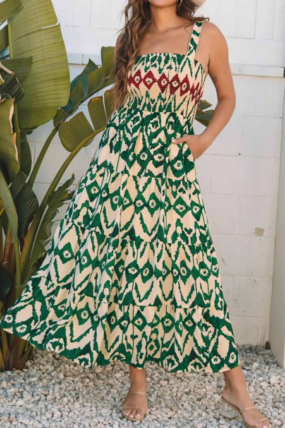 Clearance Dear-Lover Western Aztec Shirred A-line Sleeveless Maxi Dress Green