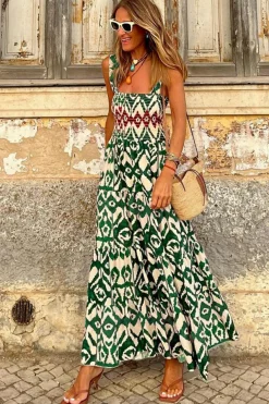 Clearance Dear-Lover Western Aztec Shirred A-line Sleeveless Maxi Dress Green