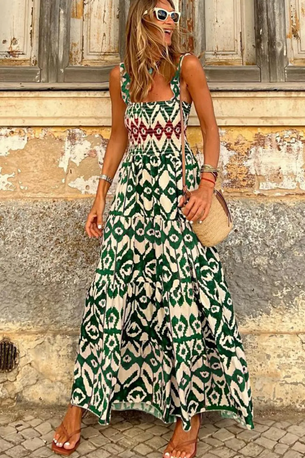 Clearance Dear-Lover Western Aztec Shirred A-line Sleeveless Maxi Dress Green