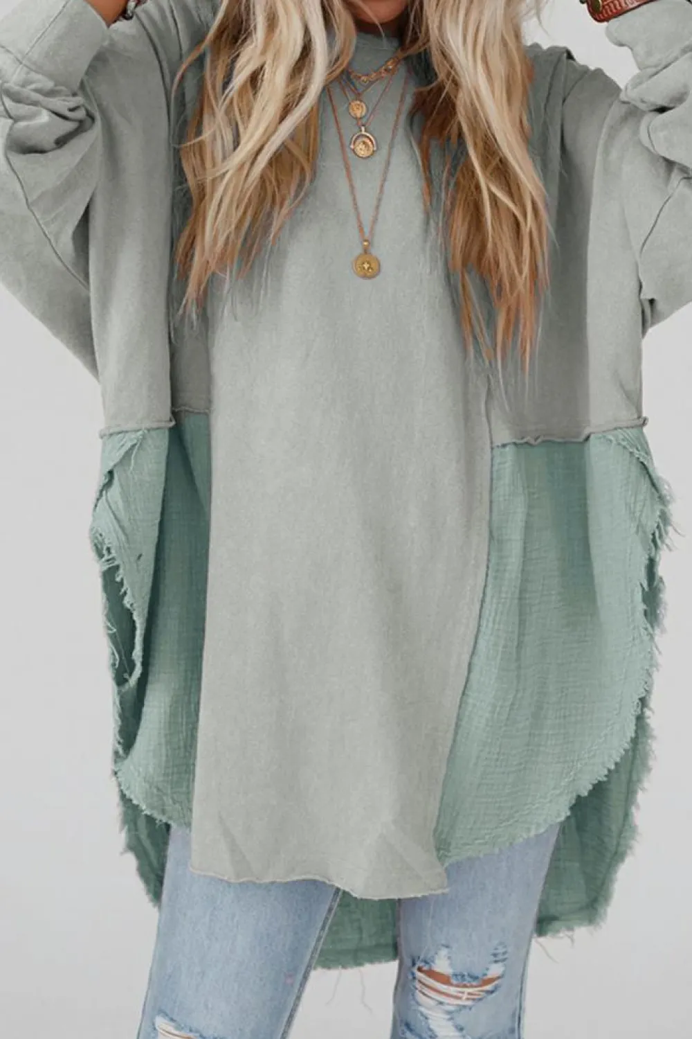 Outlet Dear-Lover Grey Crinkle Splicing Raw Hem High Low Oversized Blouse Medium Grey
