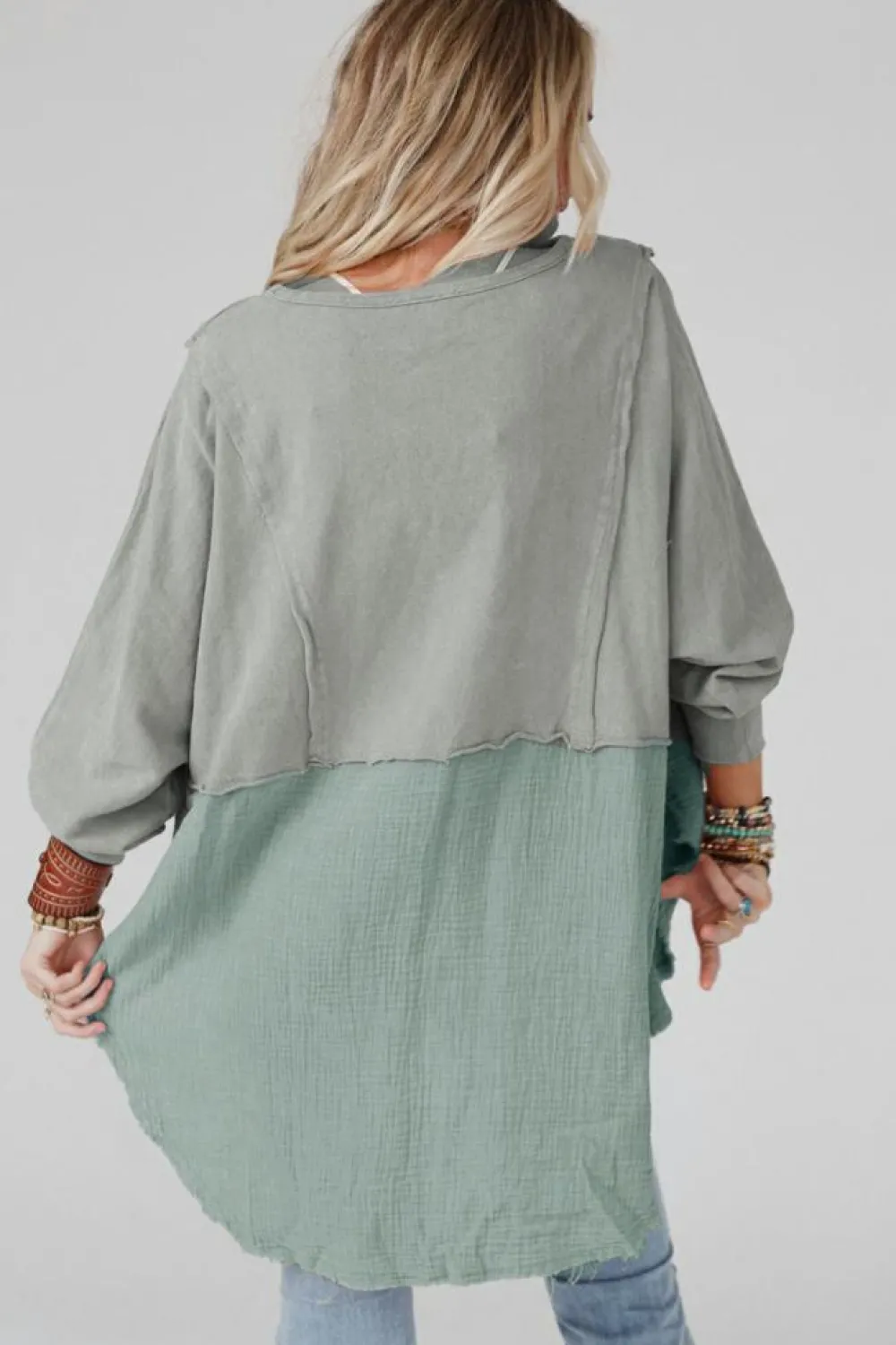 Outlet Dear-Lover Grey Crinkle Splicing Raw Hem High Low Oversized Blouse Medium Grey