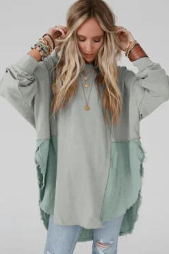 Outlet Dear-Lover Grey Crinkle Splicing Raw Hem High Low Oversized Blouse Medium Grey