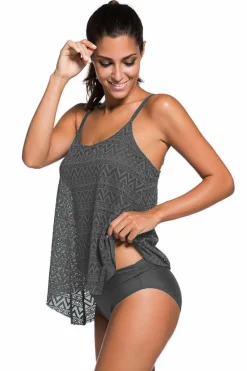 Discount Dear-Lover Grey Lace Overlay Spaghetti Straps Tankini Swimsuit Gray