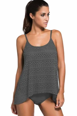 Discount Dear-Lover Grey Lace Overlay Spaghetti Straps Tankini Swimsuit Gray