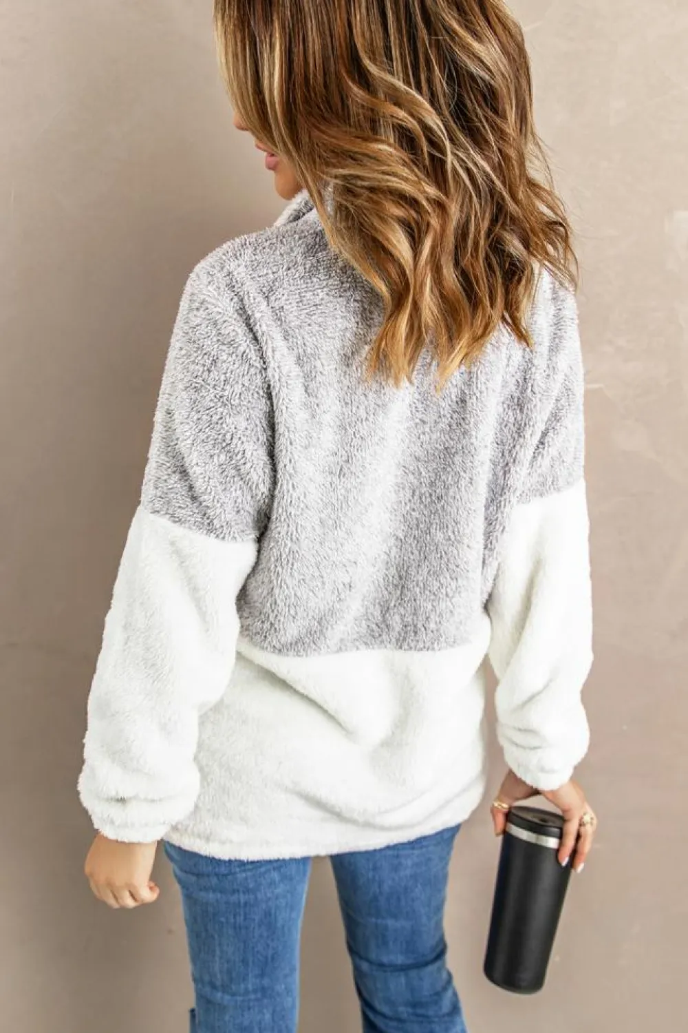 Hot Dear-Lover Grey Zip Neck Oversize Fluffy Fleece Pullover Gray