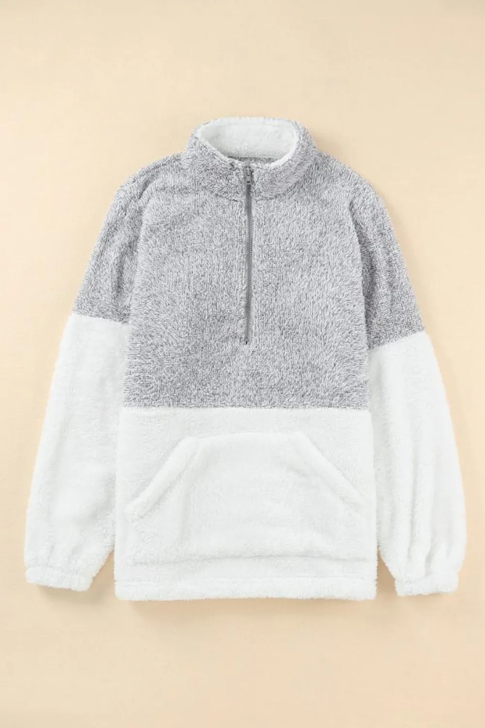 Hot Dear-Lover Grey Zip Neck Oversize Fluffy Fleece Pullover Gray