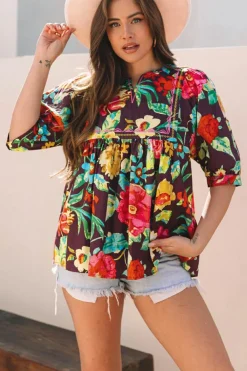 Best Dear-Lover Rose Flower Embroidered Trim Half Sleeve Blouse Greyish Purple