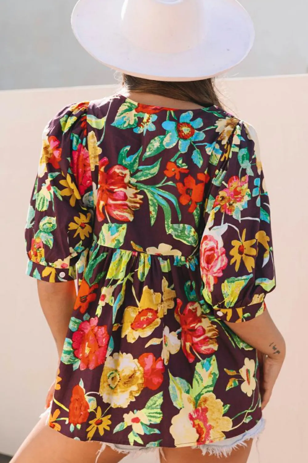 Best Dear-Lover Rose Flower Embroidered Trim Half Sleeve Blouse Greyish Purple