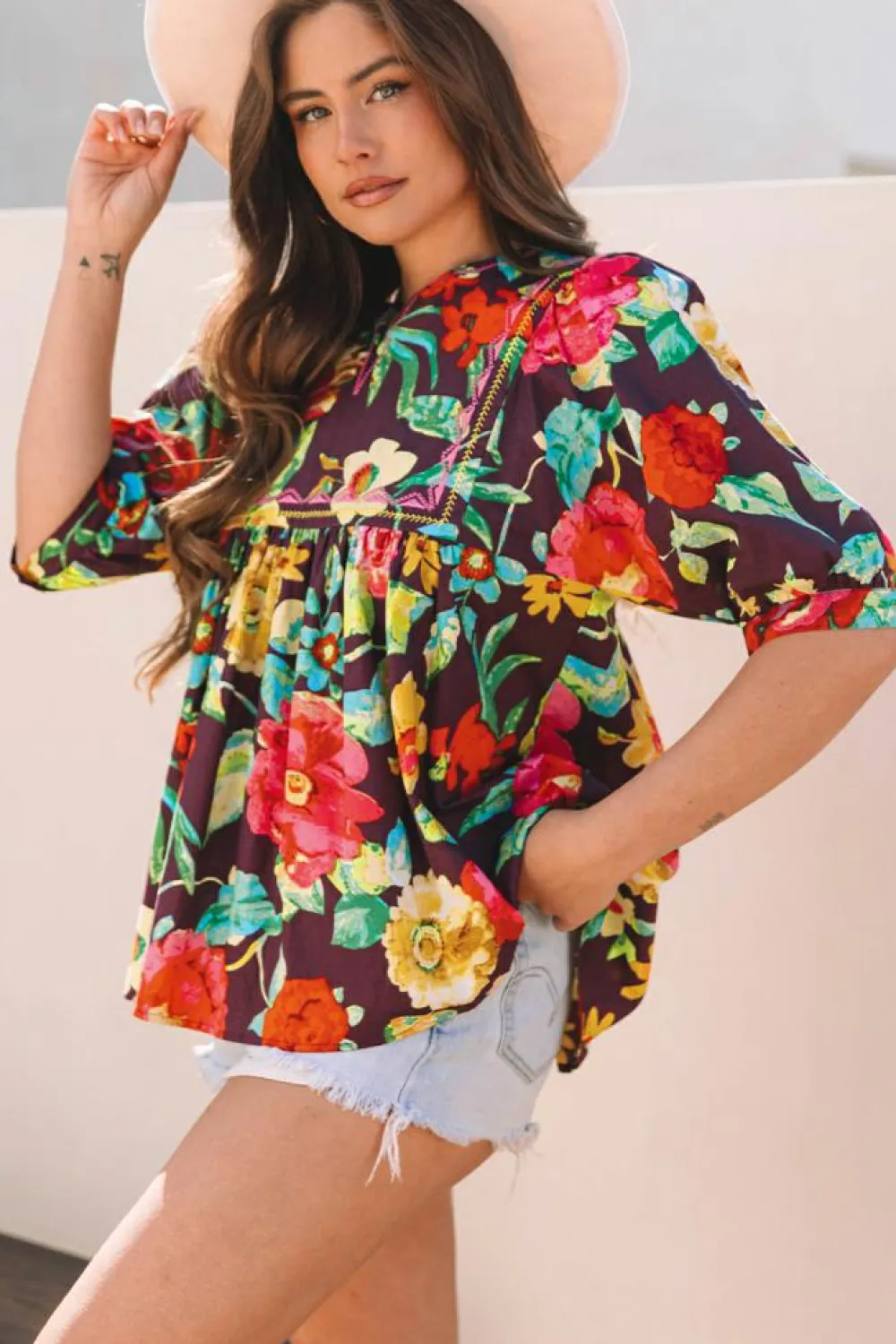Best Dear-Lover Rose Flower Embroidered Trim Half Sleeve Blouse Greyish Purple