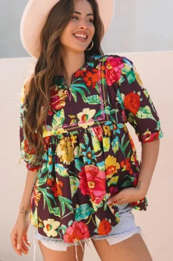 Best Dear-Lover Rose Flower Embroidered Trim Half Sleeve Blouse Greyish Purple