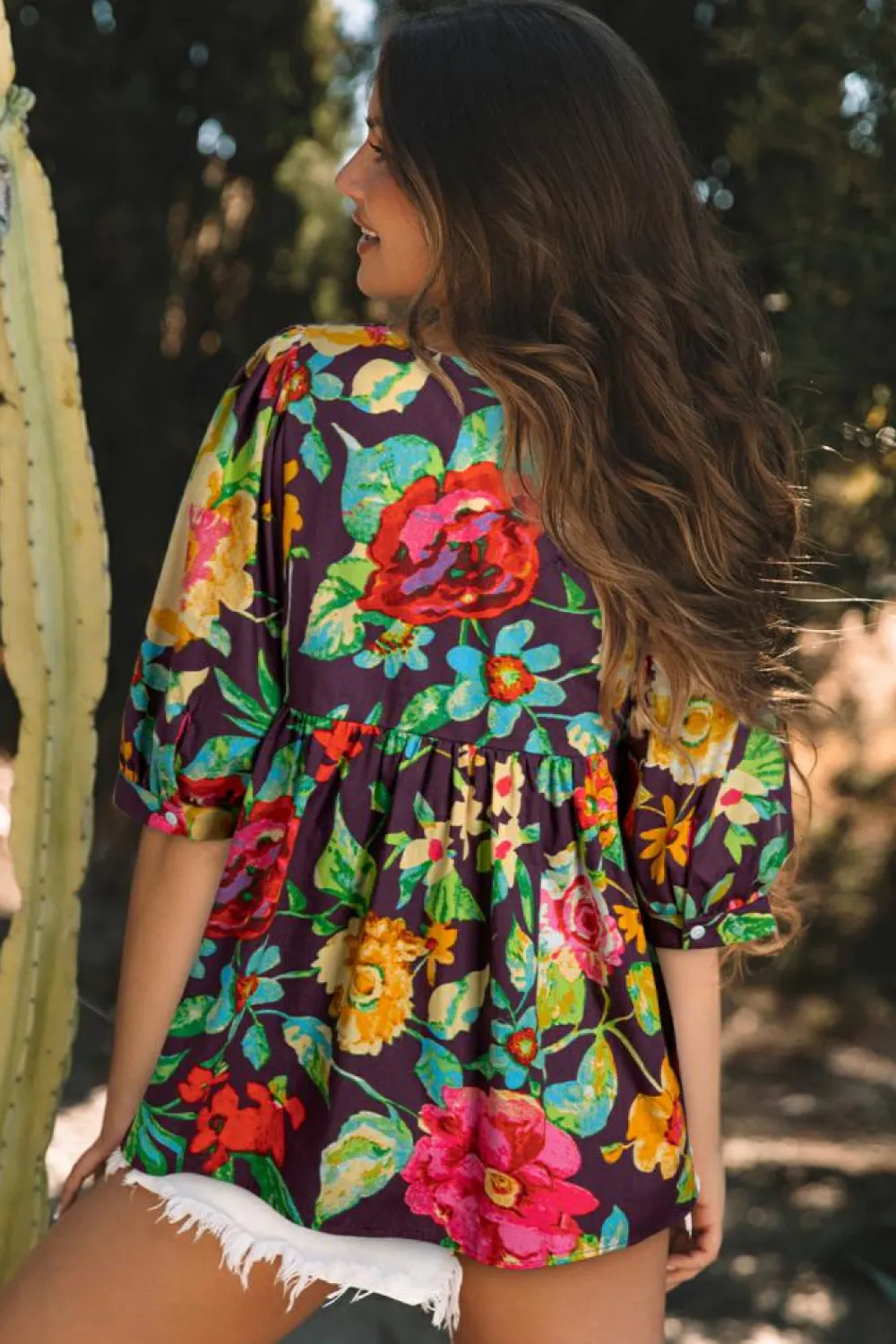 Best Dear-Lover Rose Flower Embroidered Trim Half Sleeve Blouse Greyish Purple