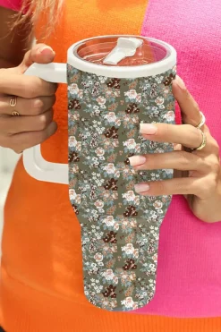 Best Dear-Lover Flower Print Handle Stainless Steel Portable Cup 40OZ Guacamole Green