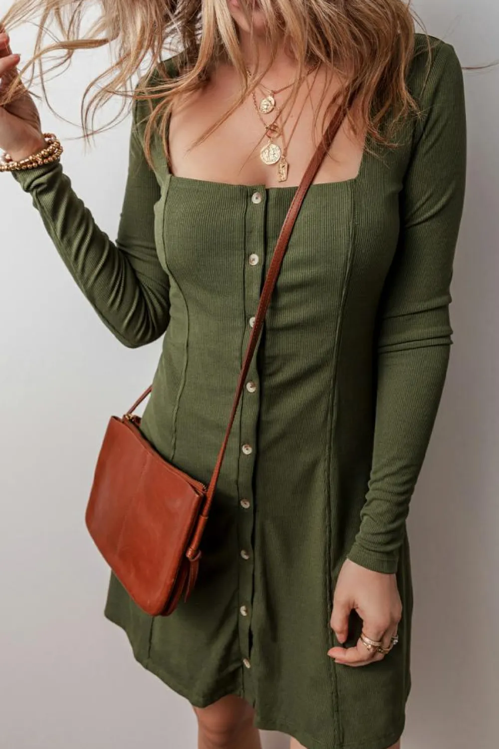 Best Dear-Lover Rib Knit Square Neck Buttoned Long Sleeve Mini Dress Guacamole Green