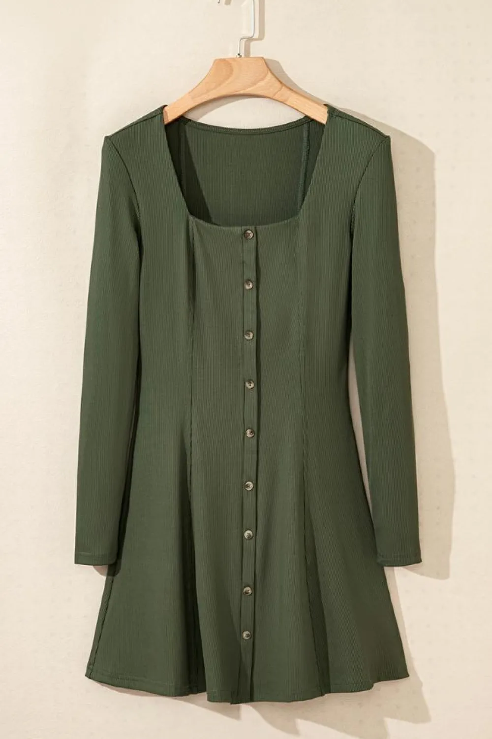 Best Dear-Lover Rib Knit Square Neck Buttoned Long Sleeve Mini Dress Guacamole Green