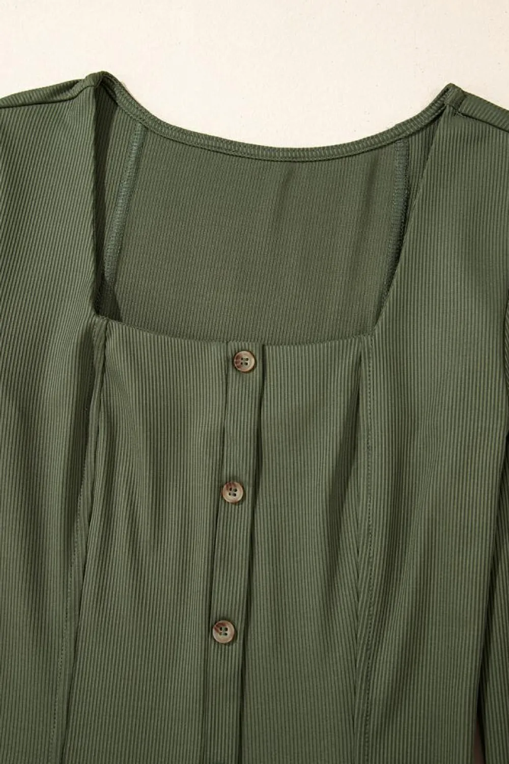 Best Dear-Lover Rib Knit Square Neck Buttoned Long Sleeve Mini Dress Guacamole Green