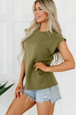 Online Dear-Lover Studded Short Sleeve Top Guacamole Green