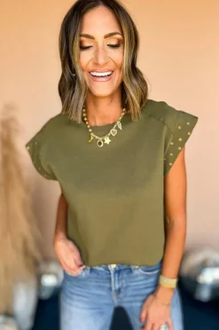 Online Dear-Lover Studded Short Sleeve Top Guacamole Green