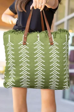 Best Dear-Lover Two Tone Woven Tasseled Trim Large Shoulder Bag Guacamole Green