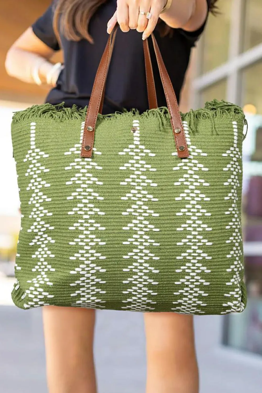Best Dear-Lover Two Tone Woven Tasseled Trim Large Shoulder Bag Guacamole Green