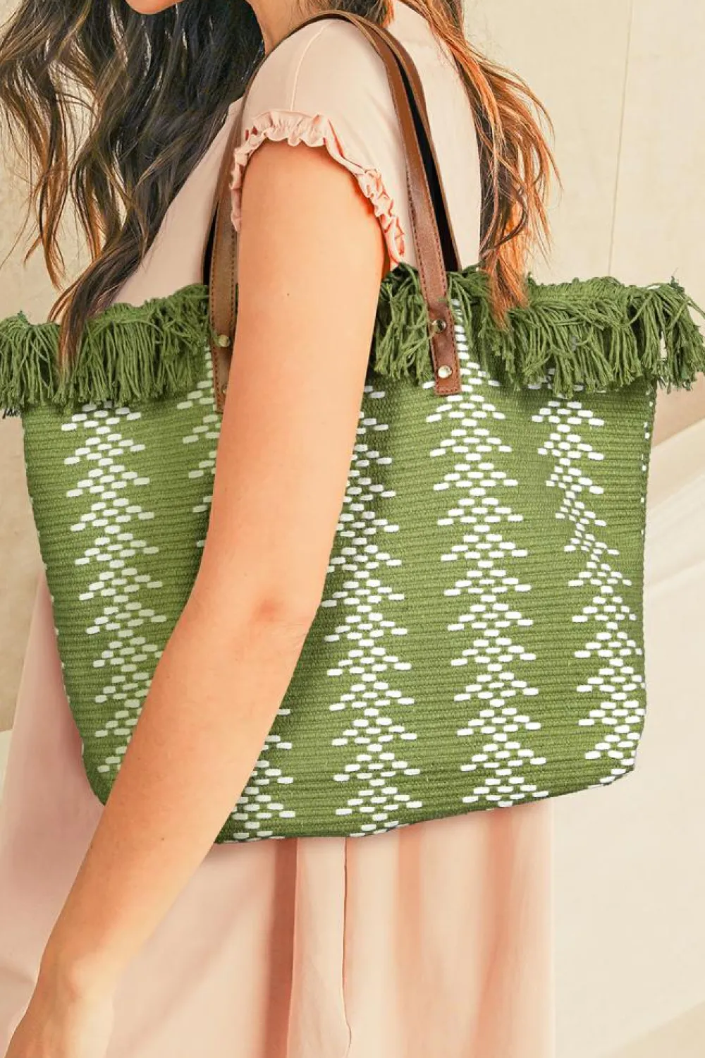 Best Dear-Lover Two Tone Woven Tasseled Trim Large Shoulder Bag Guacamole Green