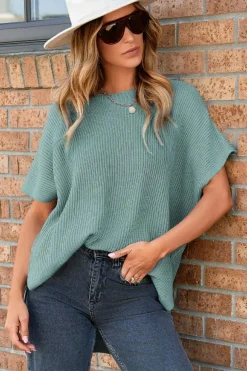 Online Dear-Lover Short Sleeve Side Slit Oversized Sweater Haze Blue
