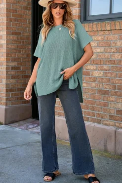 Online Dear-Lover Short Sleeve Side Slit Oversized Sweater Haze Blue