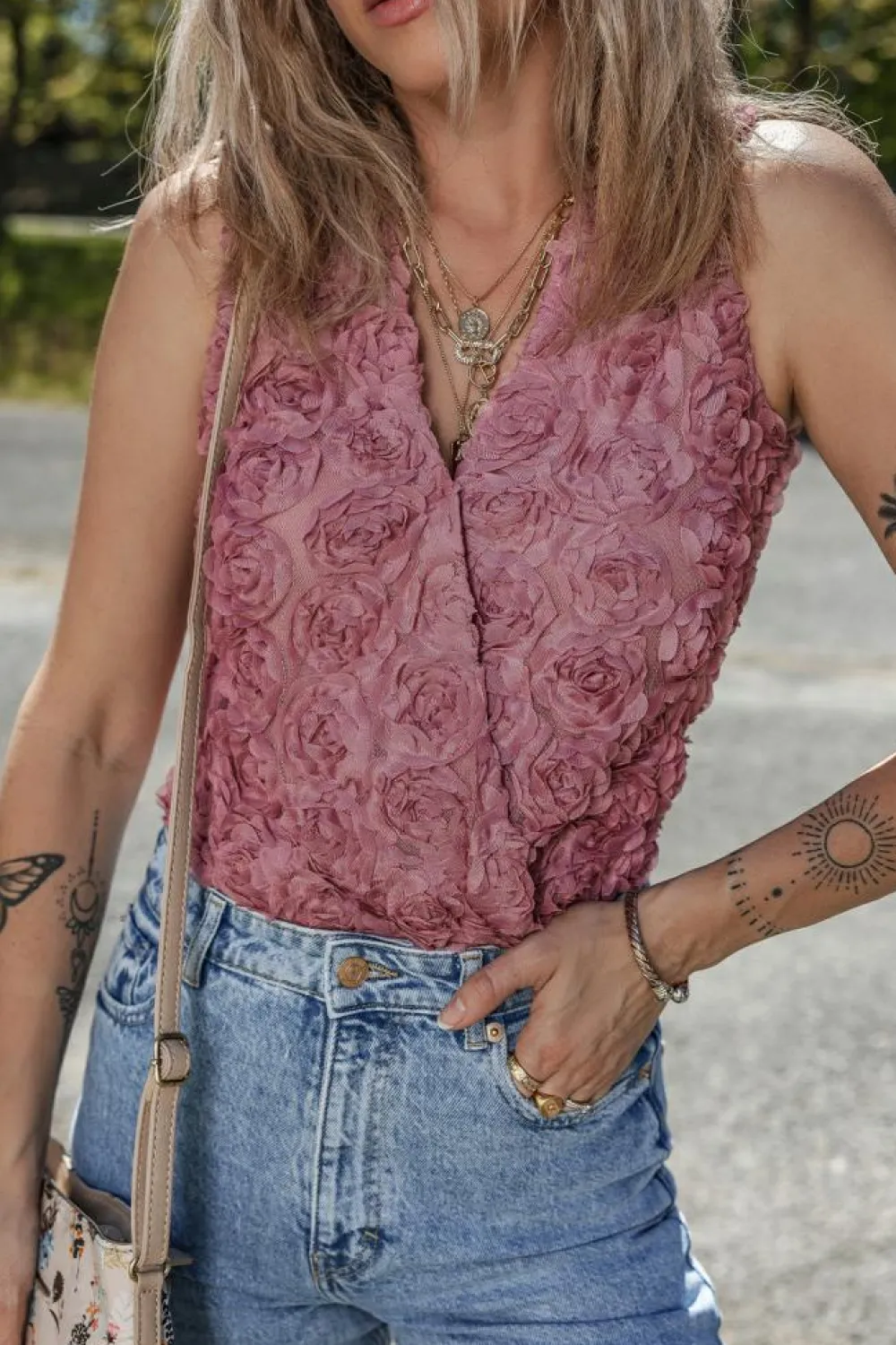 Hot Dear-Lover Floral Textured V Neck Wrapped Sleeveless Bodysuit Heather