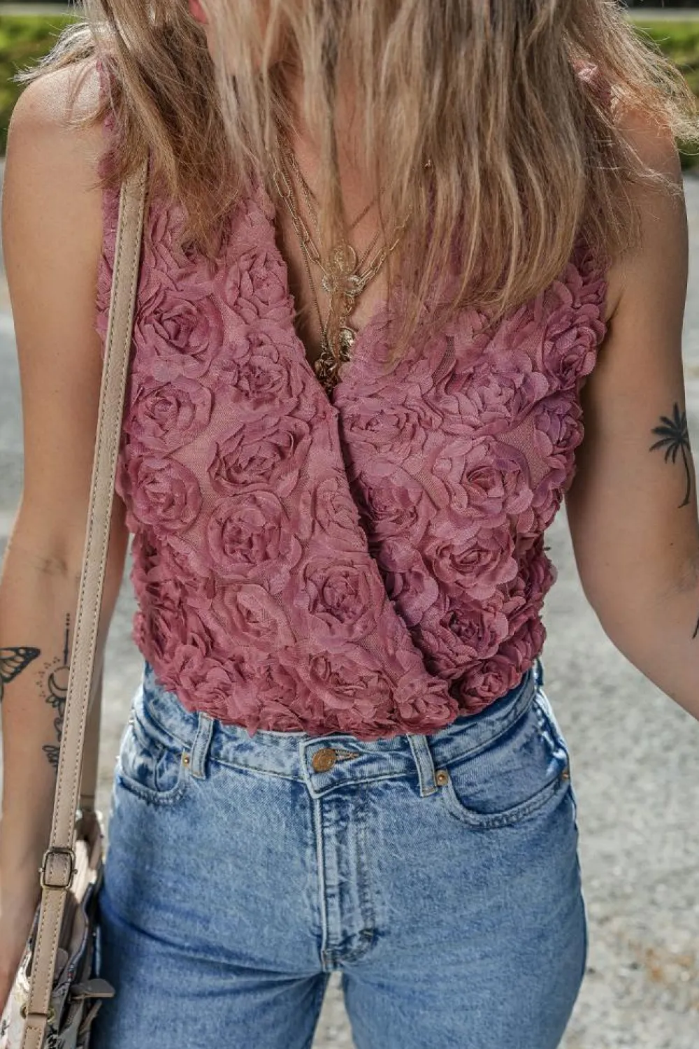 Hot Dear-Lover Floral Textured V Neck Wrapped Sleeveless Bodysuit Heather