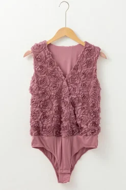 Hot Dear-Lover Floral Textured V Neck Wrapped Sleeveless Bodysuit Heather