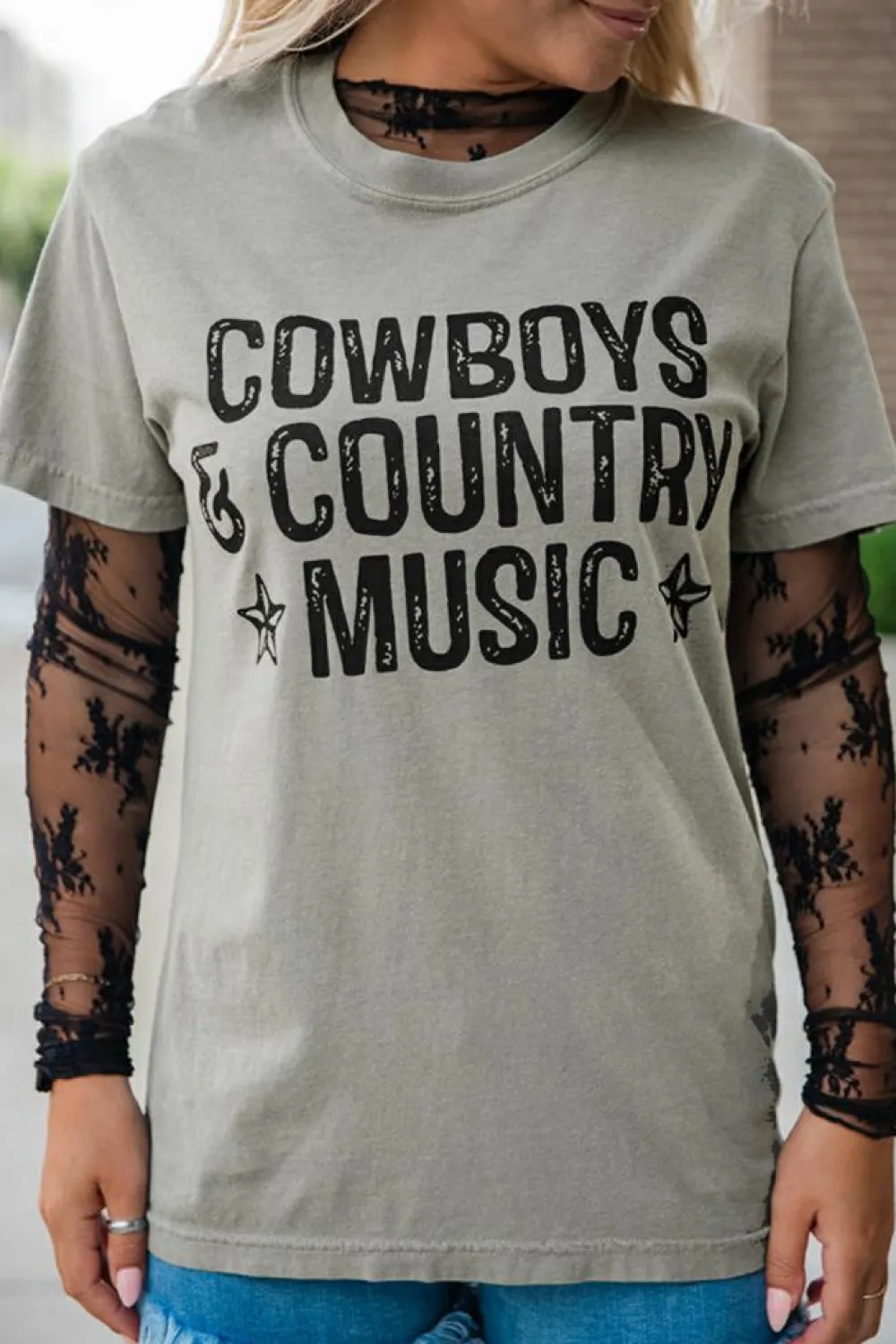 New Dear-Lover High Cowboys & Country Music Graphic Crew Neck T Shirt High-rise