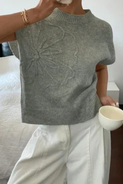 New Dear-Lover High Flower Pattern Ribbed Trim Short Sleeve Boxy Sweater High-rise