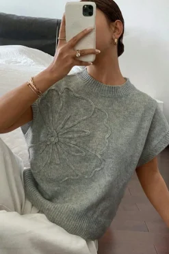 New Dear-Lover High Flower Pattern Ribbed Trim Short Sleeve Boxy Sweater High-rise