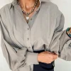 Sale Dear-Lover High Solid Color Balloon Sleeve Side Slits Loose Fit Shirt High-rise