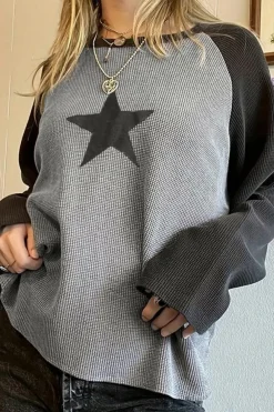 Discount Dear-Lover High Waffle Knit Colorblock Star Patch Graphic Raglan Top High-rise