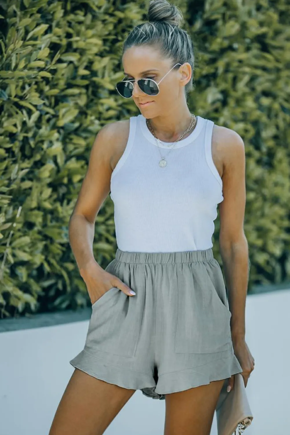 Discount Dear-Lover High Waist Pocketed Ruffle Shorts Green