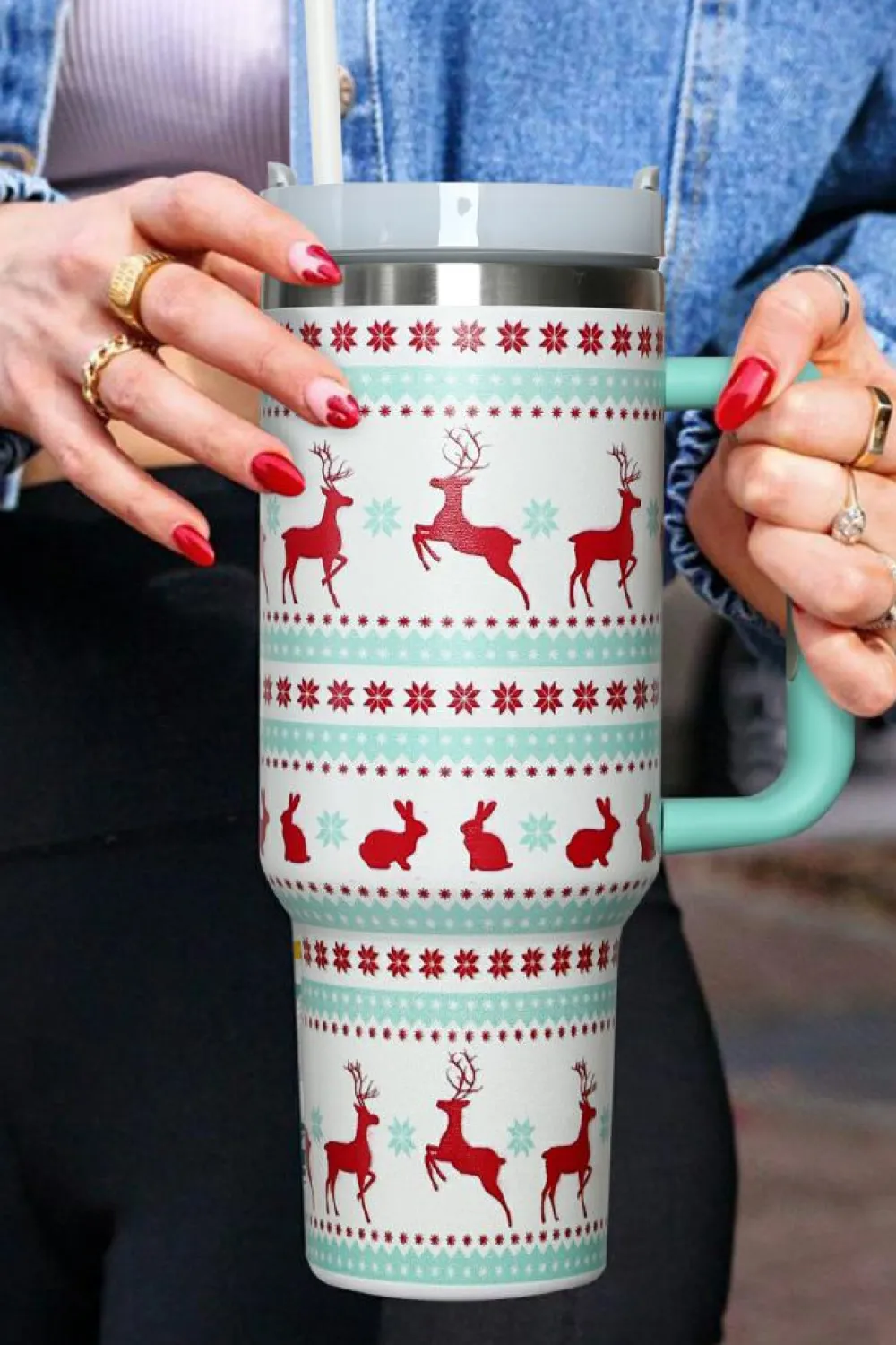 Fashion Dear-Lover Christmas Print Handled Stainless Steel Tumblers 40oz Iceland Blue